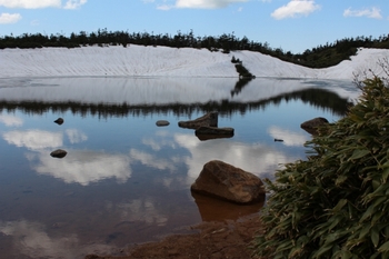 八幡平トレッキングコースの沼と雪渓