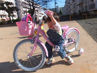 自転車に乗ろうとするテラ太