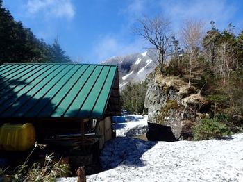 焼岳の小屋はまだ残雪に囲まれていました