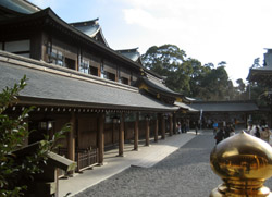 本殿と神門をつなぐ東西の廻廊では、例祭における献花や盆栽・菊花等の展示がある。これは本殿前から東回廊を見渡したところ。